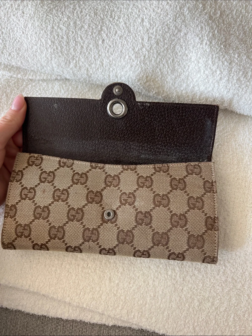 Gucci Beige and Brown GG Canvas Continental Wallet with Signature Snap